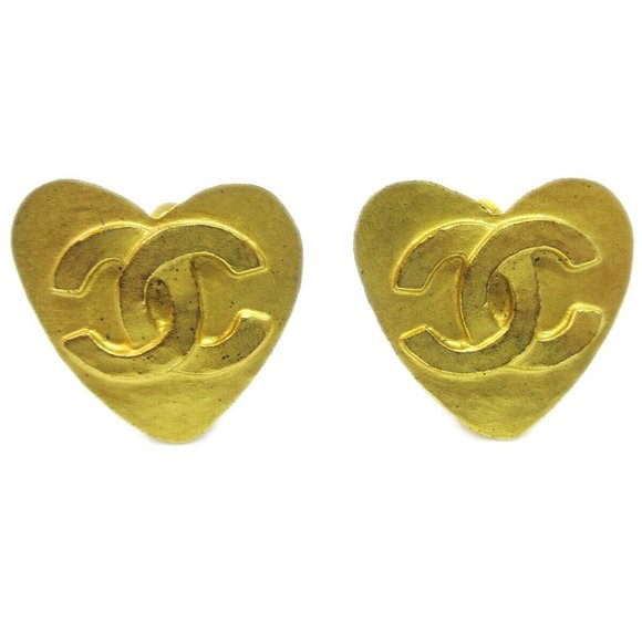 CHANEL CC Logos Heart Motif Earrings Clip-On Gold- - Picture 1 of 4